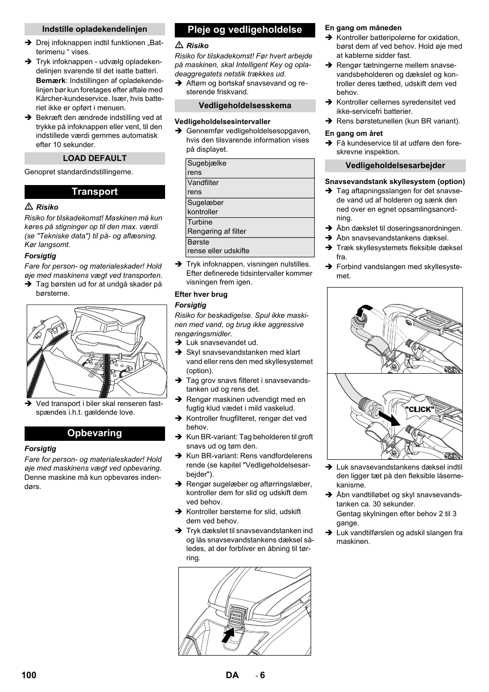 Transport opbevaring pleje og vedligeholdelse | Karcher B 80 W User Manual | Page 100 / 310