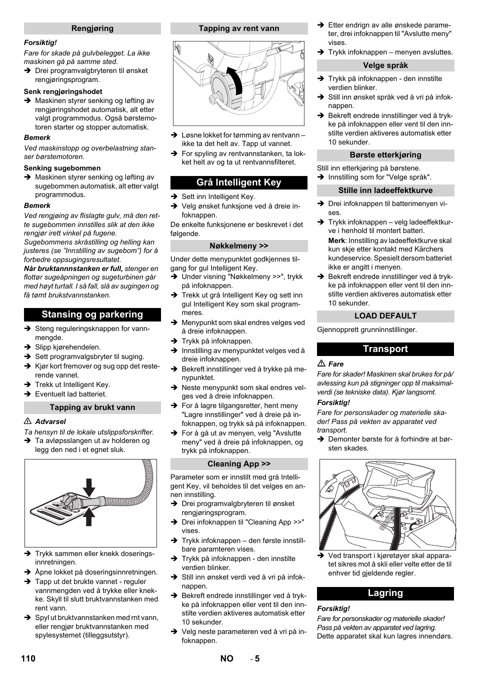 Stansing og parkering, Grå intelligent key, Transport lagring | Karcher B 80 W User Manual | Page 110 / 310
