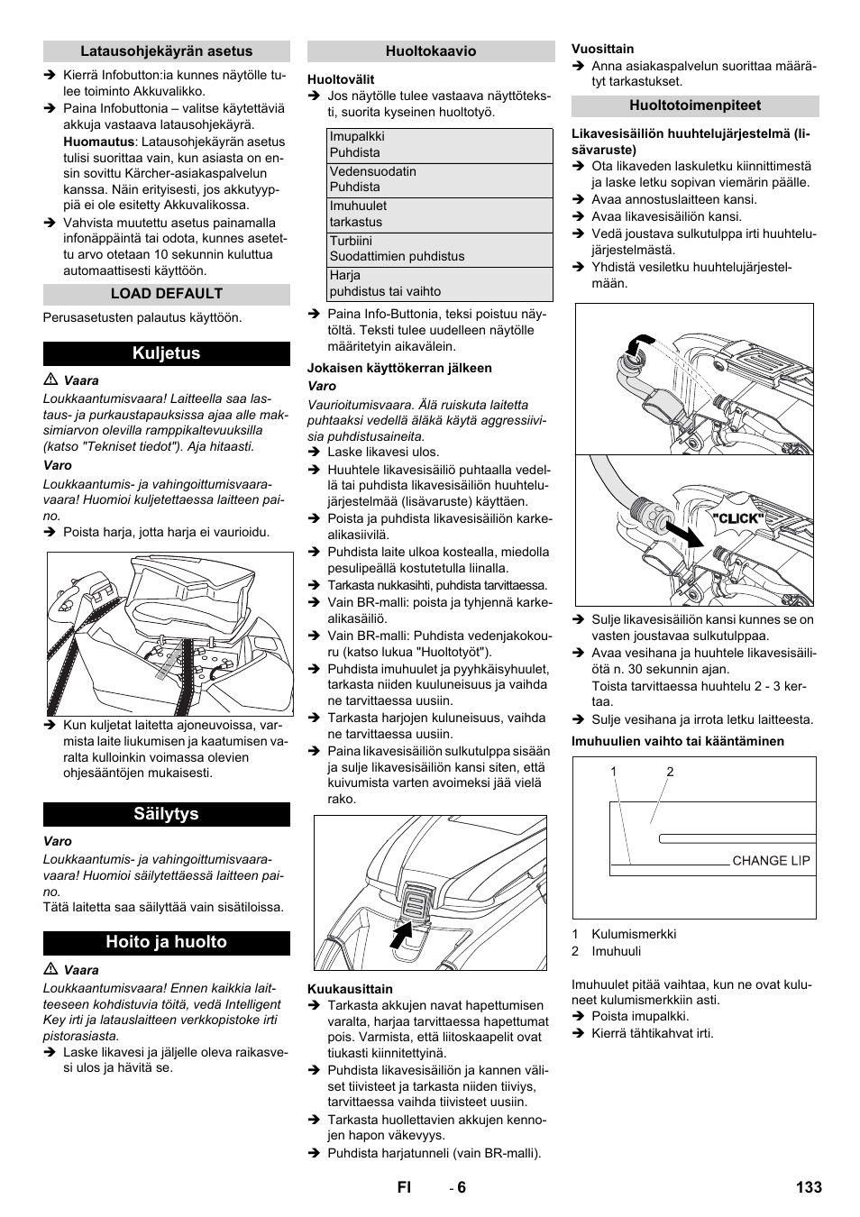 Kuljetus säilytys hoito ja huolto | Karcher B 80 W User Manual | Page 133 / 310