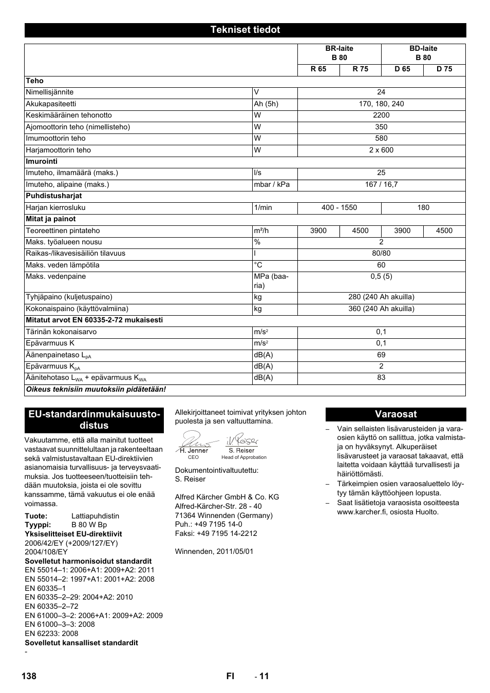 Tekniset tiedot, Eu-standardinmukaisuusto- distus, Varaosat | Karcher B 80 W User Manual | Page 138 / 310