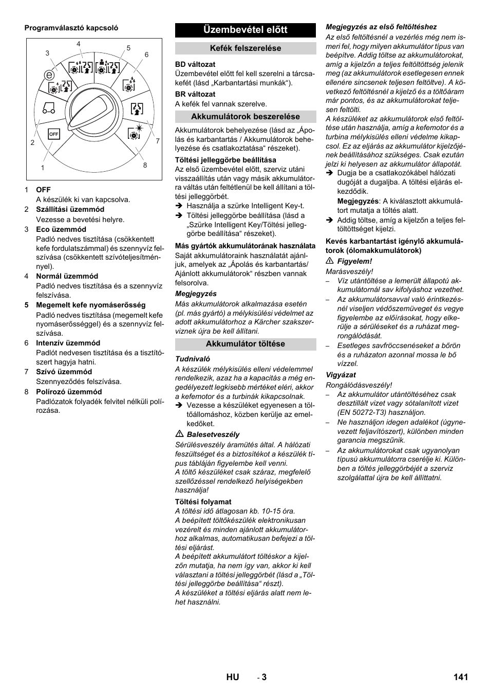 Üzembevétel előtt | Karcher B 80 W User Manual | Page 141 / 310