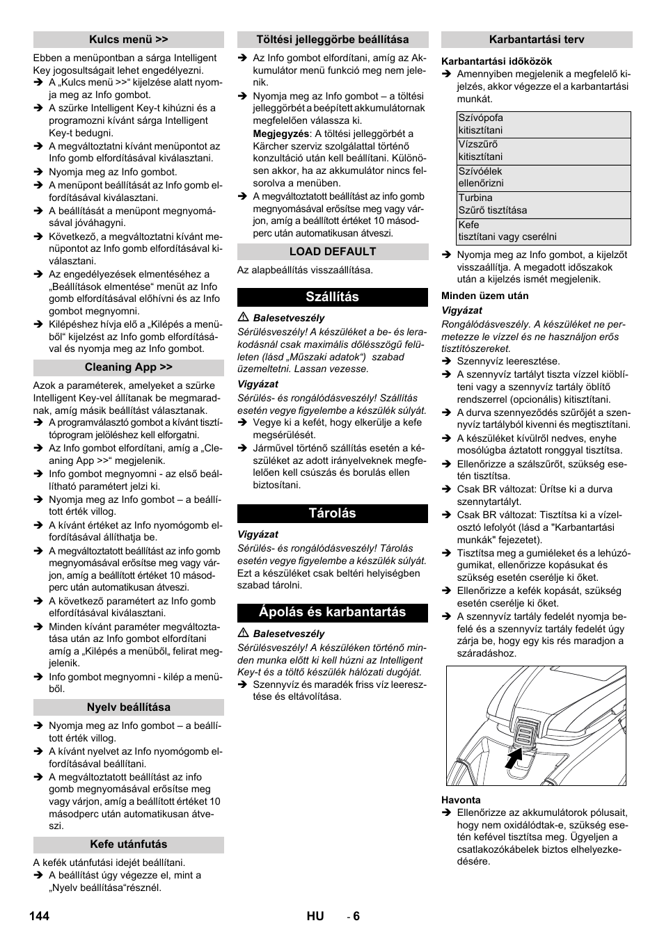 Szállítás tárolás ápolás és karbantartás | Karcher B 80 W User Manual | Page 144 / 310