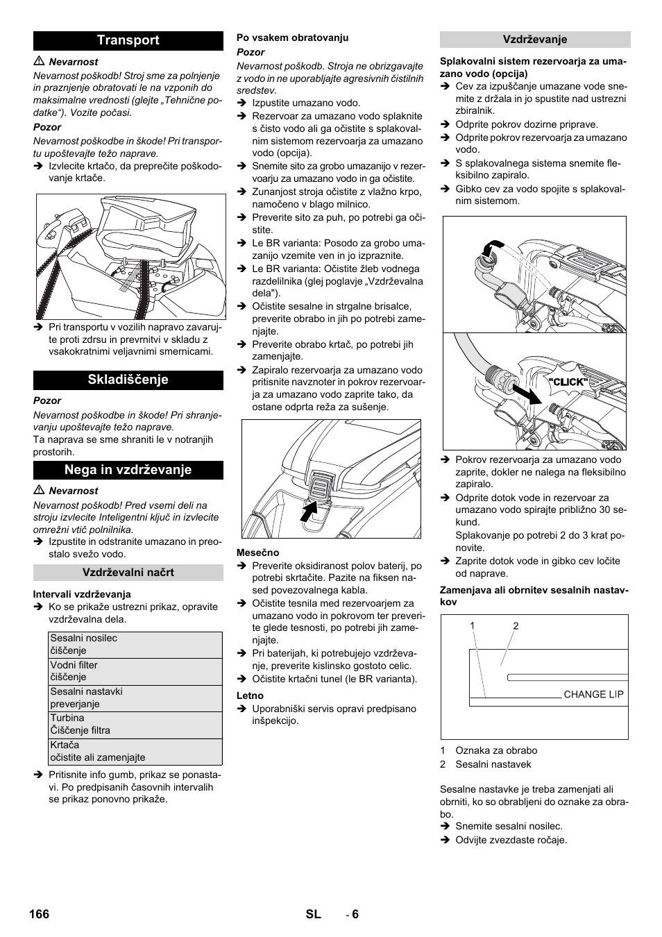 Transport skladiščenje nega in vzdrževanje | Karcher B 80 W User Manual | Page 166 / 310
