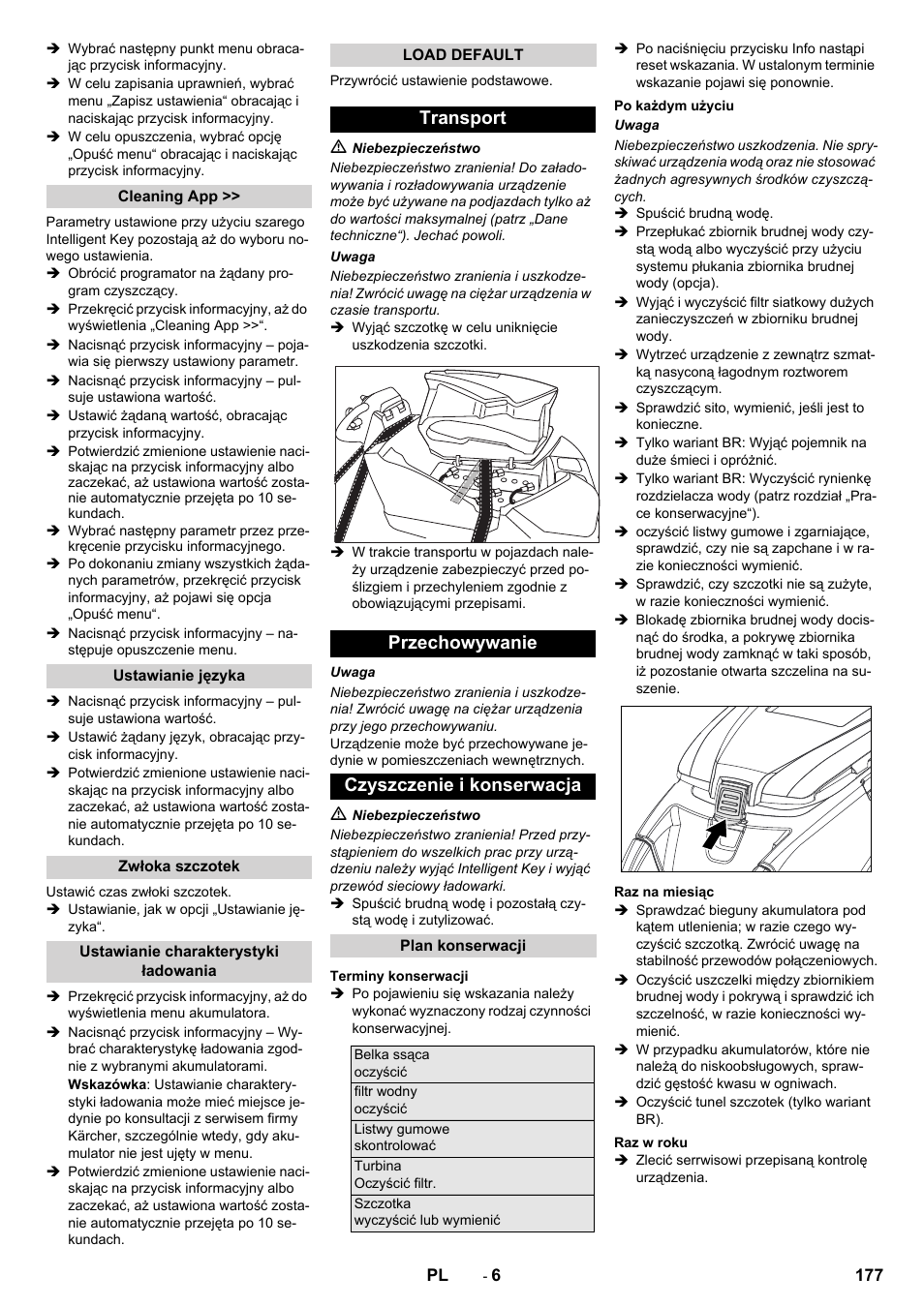 Transport przechowywanie czyszczenie i konserwacja | Karcher B 80 W User Manual | Page 177 / 310