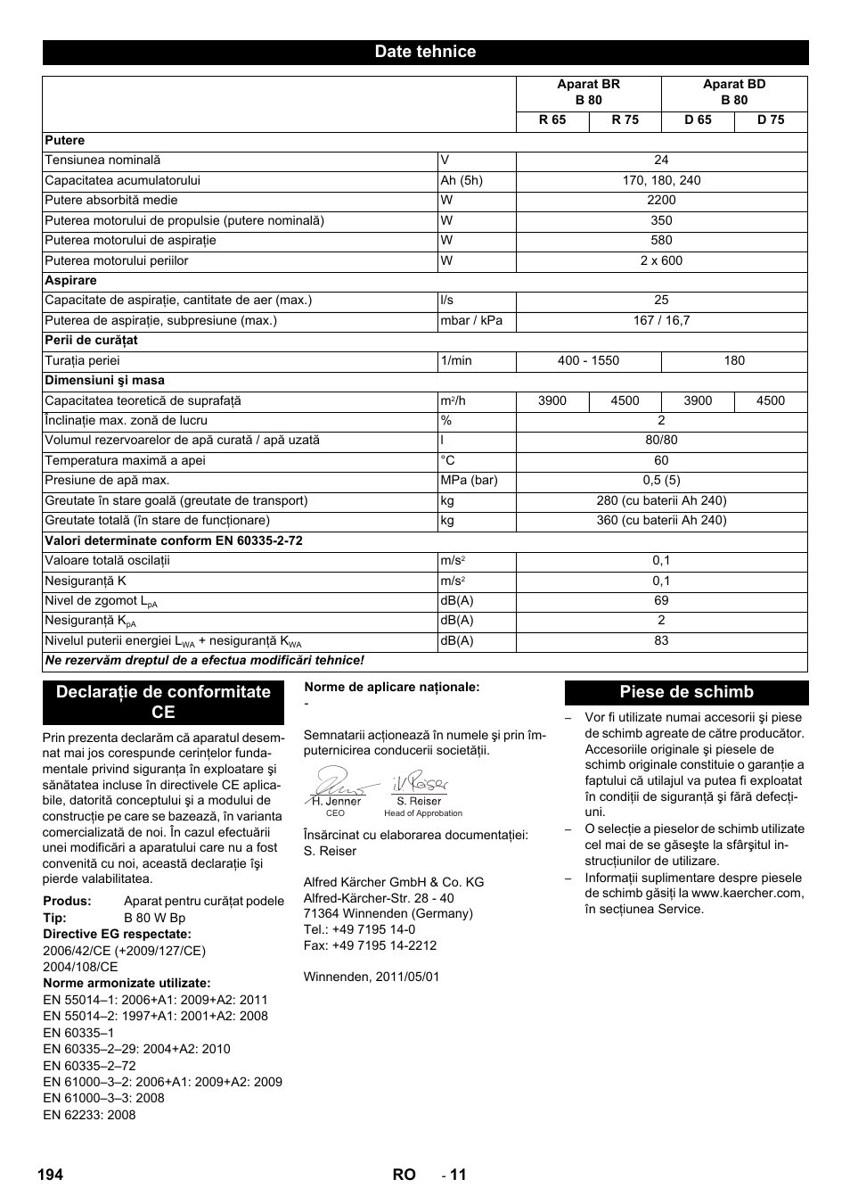 Date tehnice, Declaraţie de conformitate ce, Piese de schimb | Karcher B 80 W User Manual | Page 194 / 310