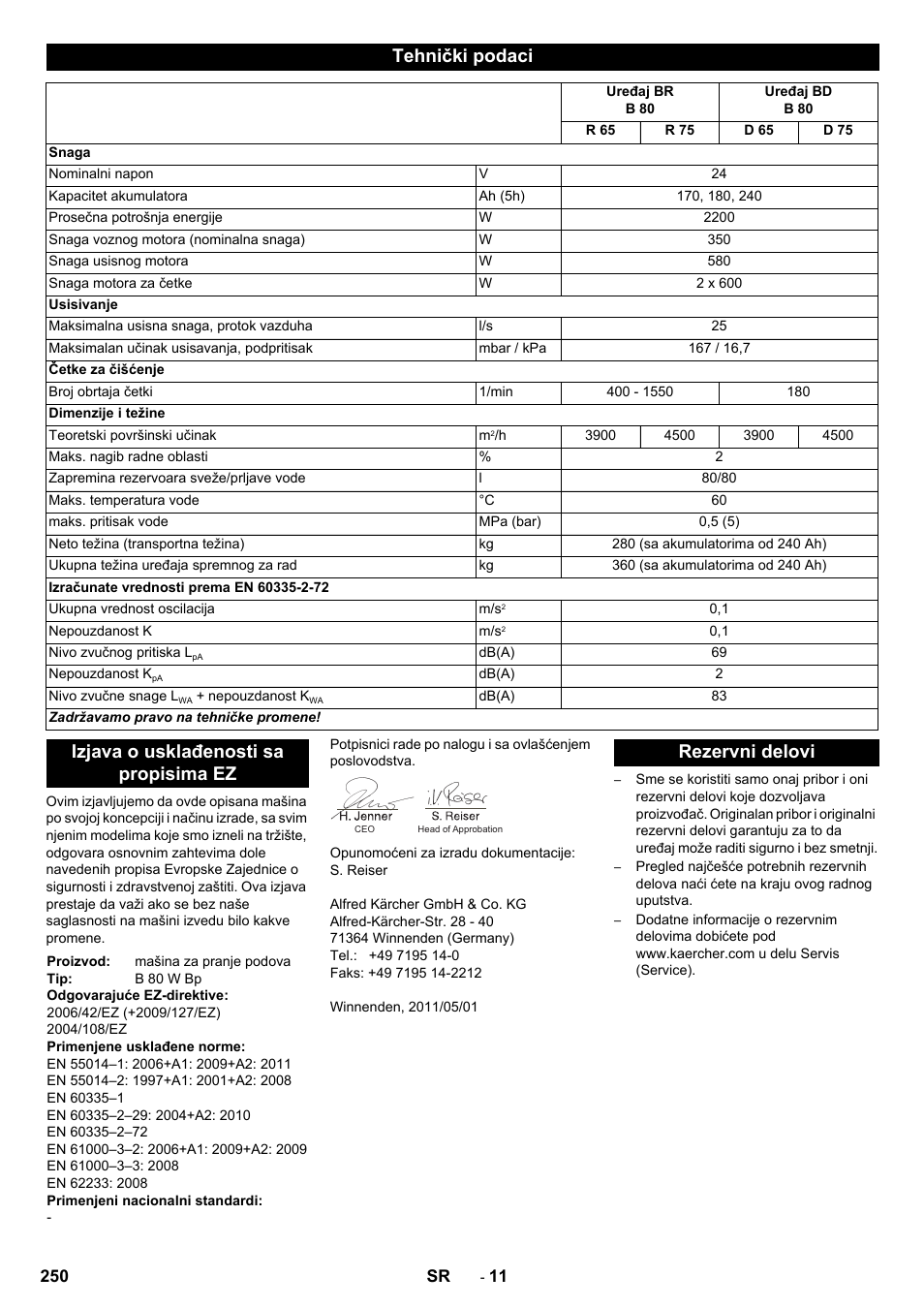 Tehnički podaci, Izjava o usklađenosti sa propisima ez, Rezervni delovi | Karcher B 80 W User Manual | Page 250 / 310