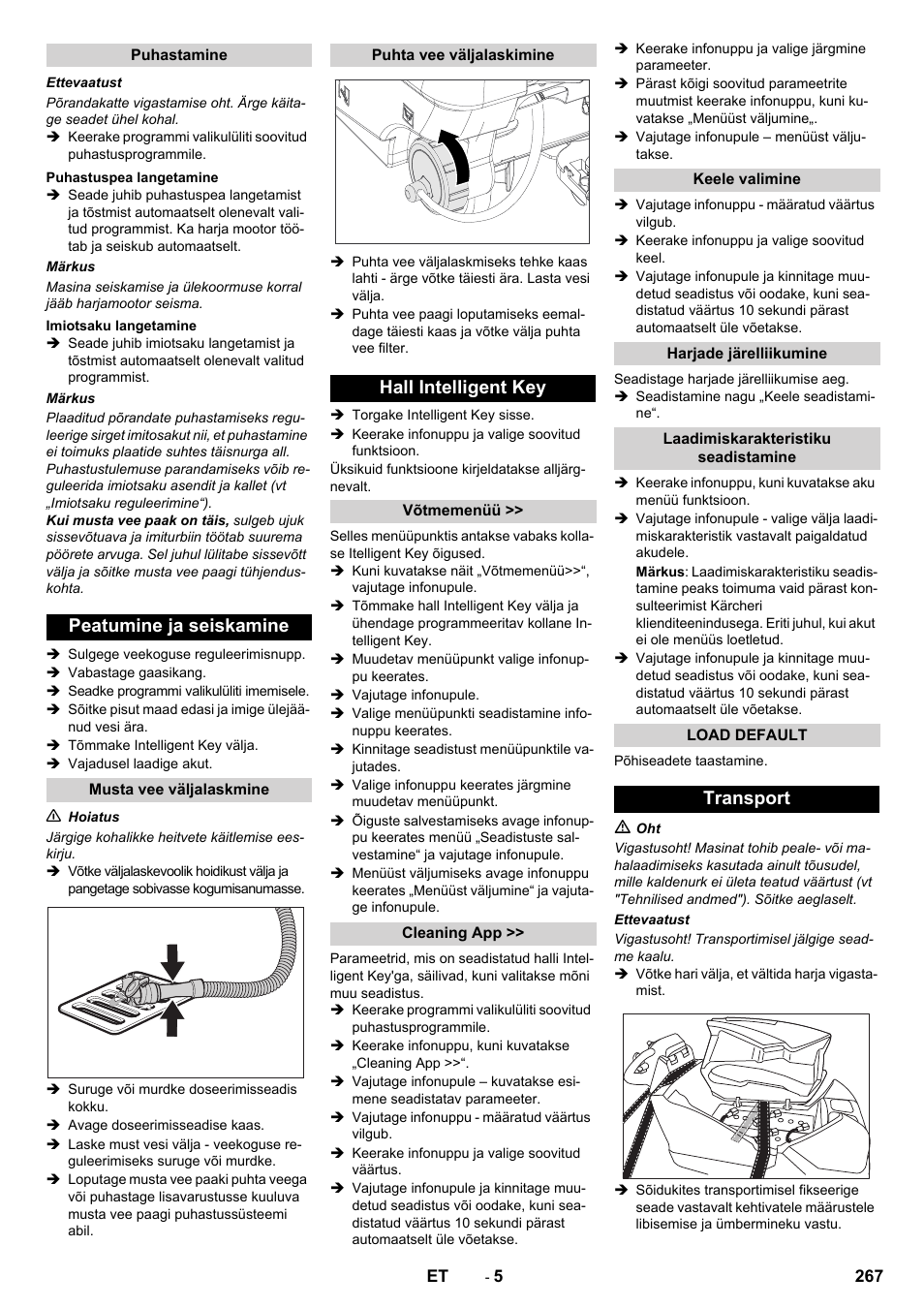 Peatumine ja seiskamine, Hall intelligent key, Transport | Karcher B 80 W User Manual | Page 267 / 310