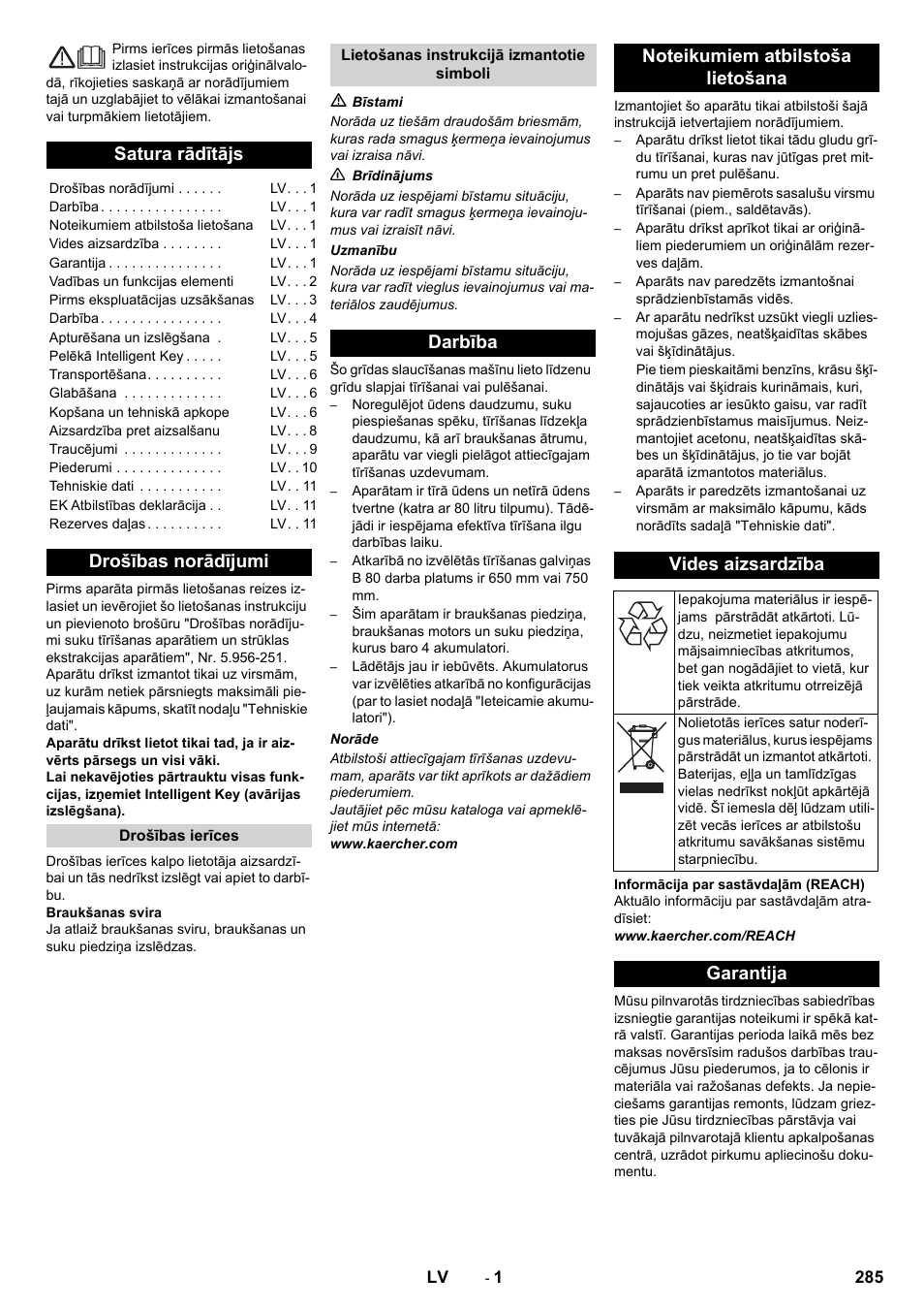 Latviešu, Satura rādītājs, Drošības norādījumi | Garantija | Karcher B 80 W User Manual | Page 285 / 310