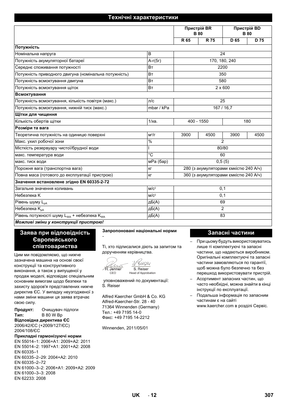 Технічні характеристики, Запасні частини | Karcher B 80 W User Manual | Page 307 / 310