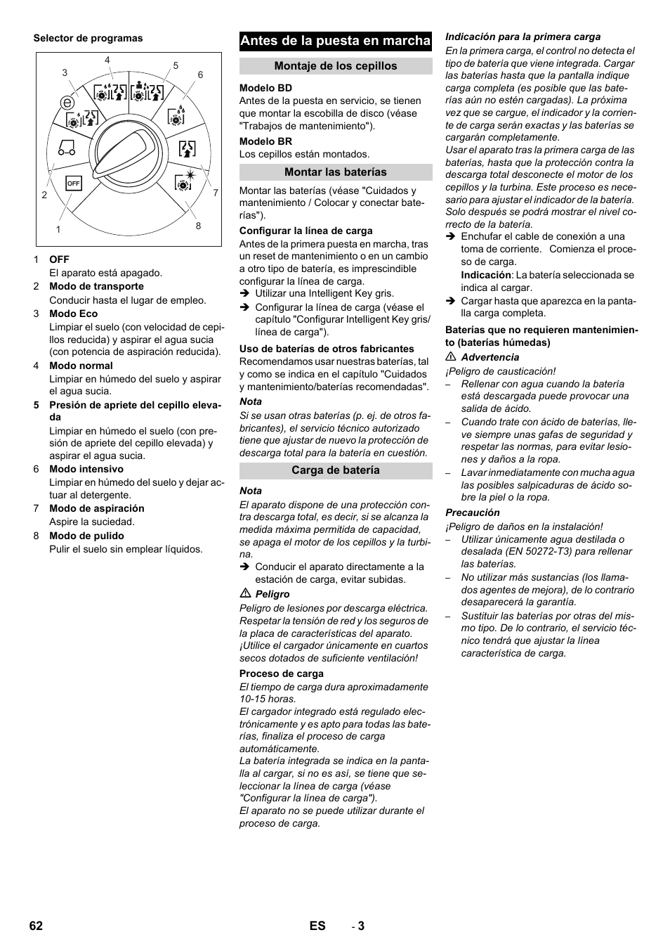 Antes de la puesta en marcha | Karcher B 80 W User Manual | Page 62 / 310