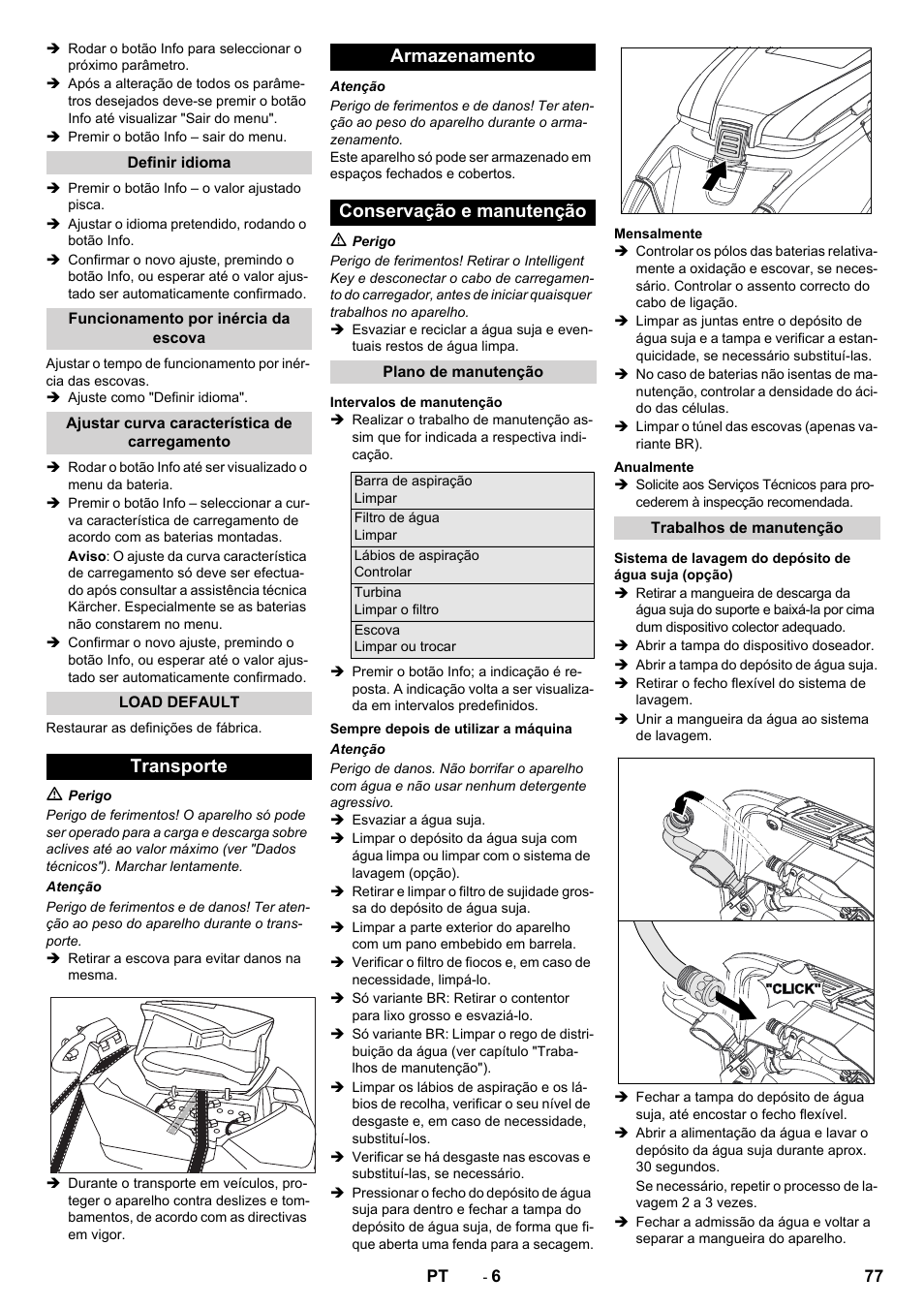 Transporte armazenamento conservação e manutenção | Karcher B 80 W User Manual | Page 77 / 310