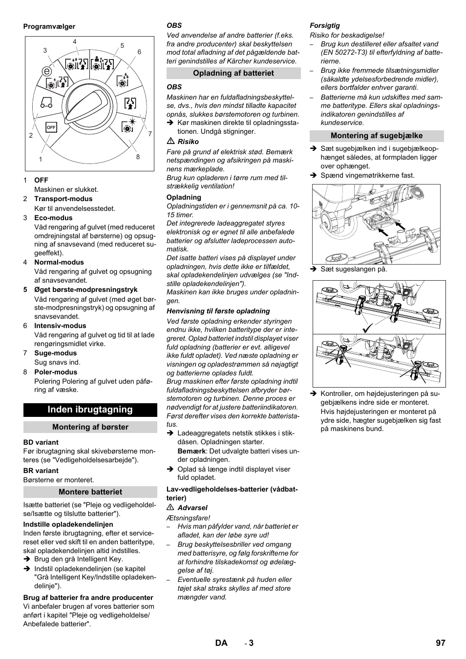 Inden ibrugtagning | Karcher B 80 W User Manual | Page 97 / 310