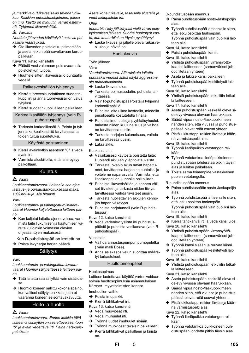 Kuljetus, Säilytys hoito ja huolto | Karcher B 90 R Adv DOSE Bp Pack User Manual | Page 105 / 272