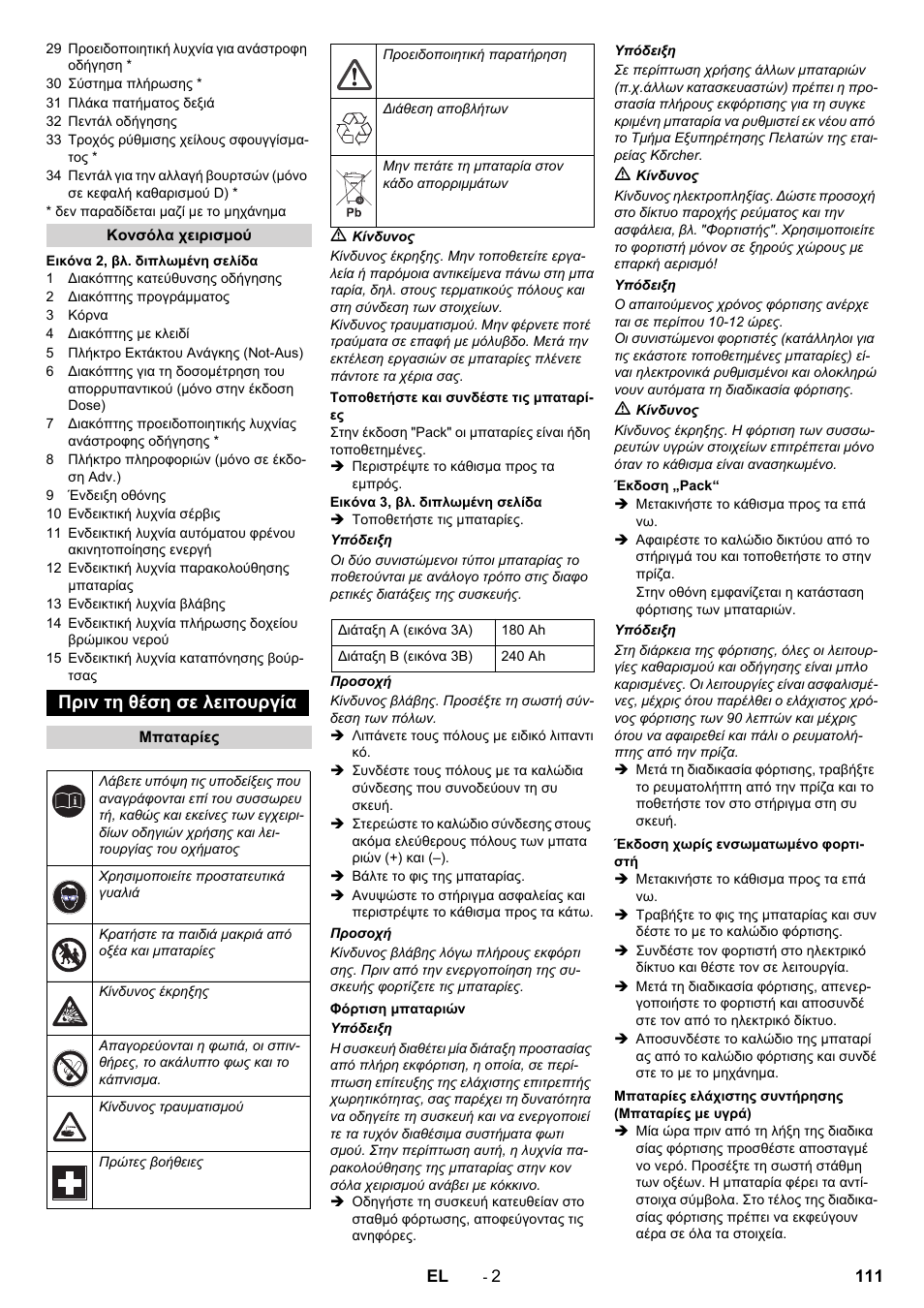 Πριν τη θέση σε λειτουργία | Karcher B 90 R Adv DOSE Bp Pack User Manual | Page 111 / 272