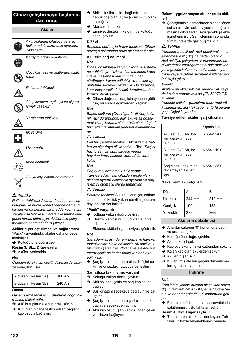 Cihazı çalıştırmaya başlama- dan önce | Karcher B 90 R Adv DOSE Bp Pack User Manual | Page 122 / 272