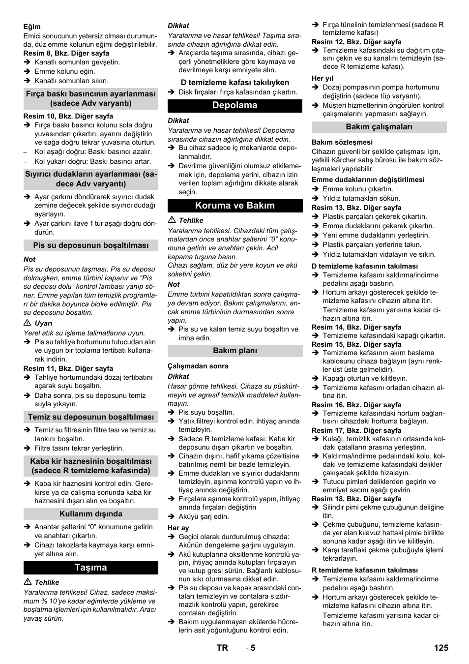 Taşıma, Depolama koruma ve bakım | Karcher B 90 R Adv DOSE Bp Pack User Manual | Page 125 / 272