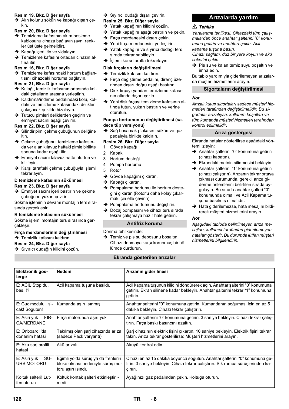 Arızalarda yardım | Karcher B 90 R Adv DOSE Bp Pack User Manual | Page 126 / 272