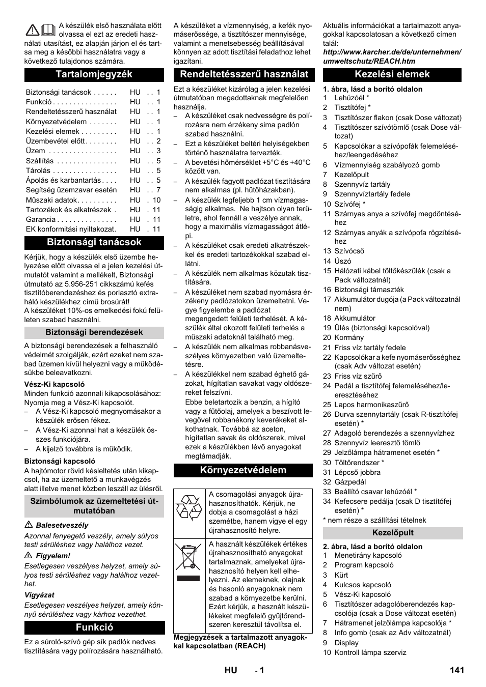 Magyar, Tartalomjegyzék, Biztonsági tanácsok | Kezelési elemek | Karcher B 90 R Adv DOSE Bp Pack User Manual | Page 141 / 272