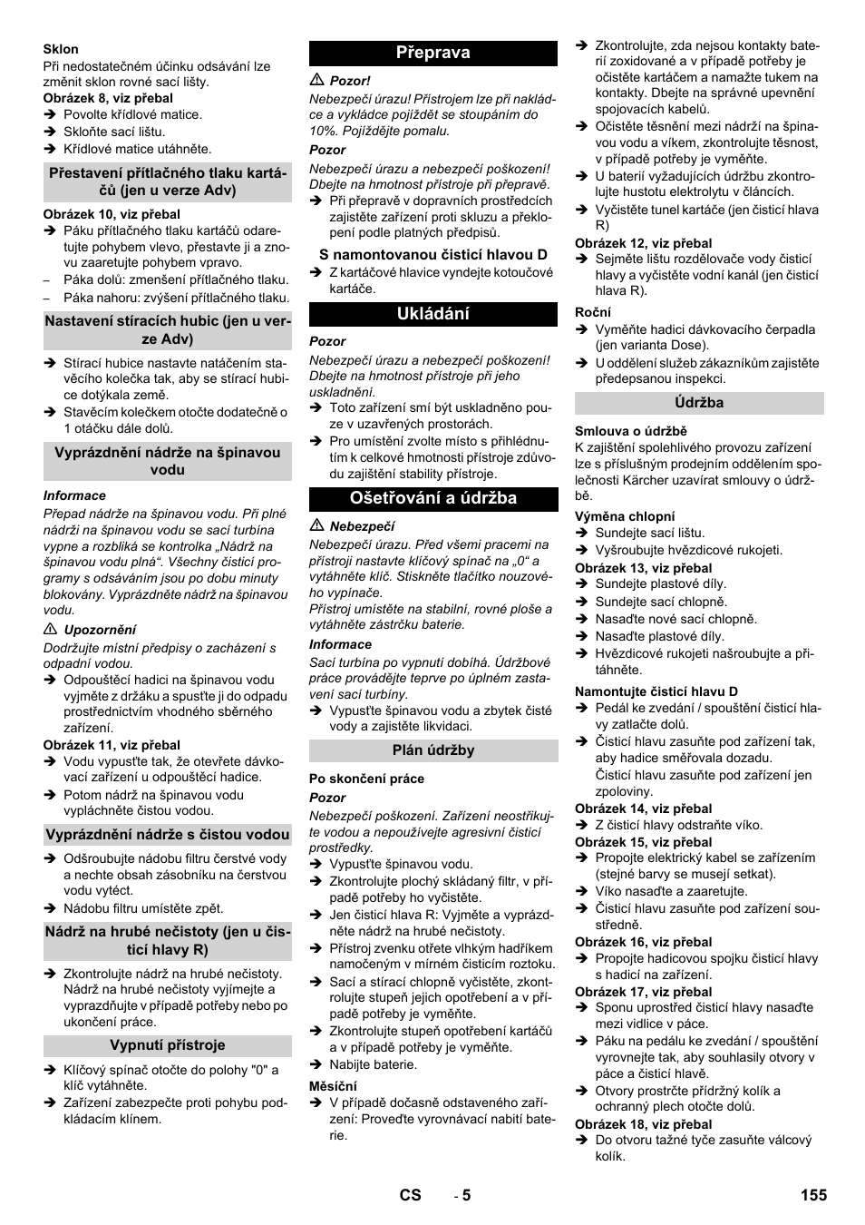 Přeprava, Ukládání ošetřování a údržba | Karcher B 90 R Adv DOSE Bp Pack User Manual | Page 155 / 272