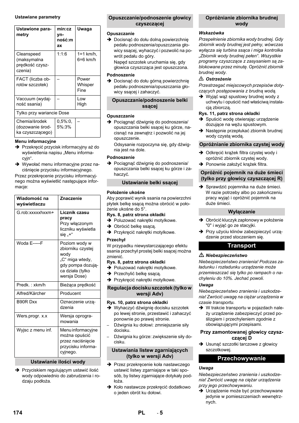 Transport, Przechowywanie | Karcher B 90 R Adv DOSE Bp Pack User Manual | Page 174 / 272