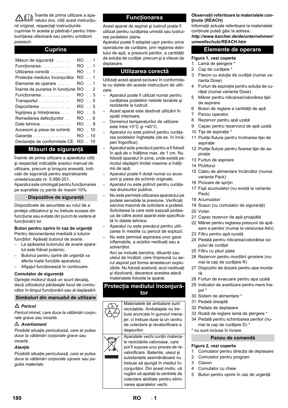 Româneşte, Românete, Cuprins | Măsuri de siguranţă, Elemente de operare | Karcher B 90 R Adv DOSE Bp Pack User Manual | Page 180 / 272