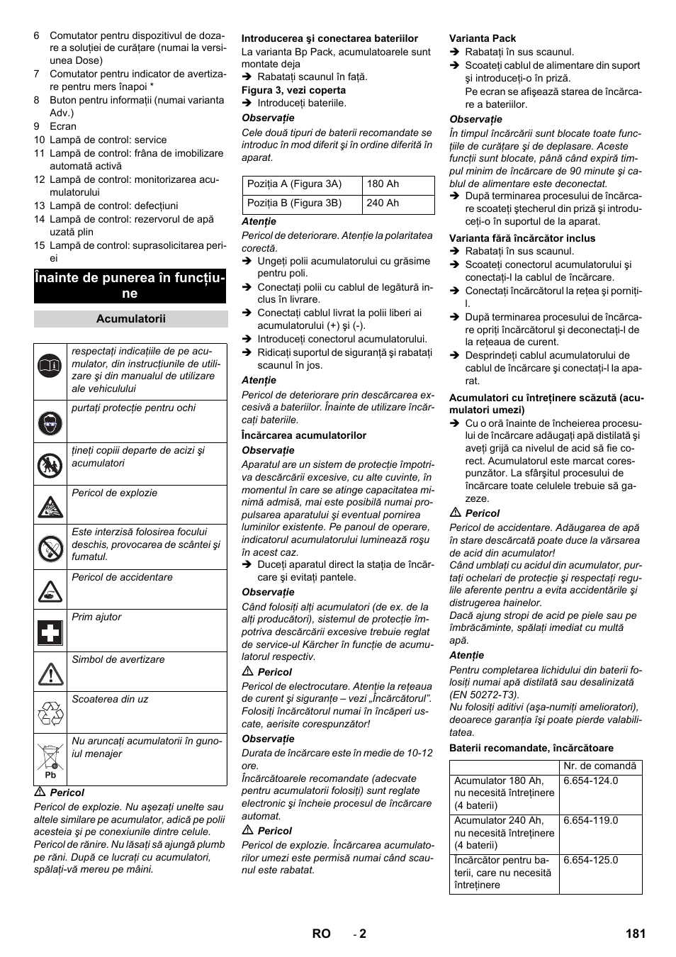 Înainte de punerea în funcţiu- ne | Karcher B 90 R Adv DOSE Bp Pack User Manual | Page 181 / 272
