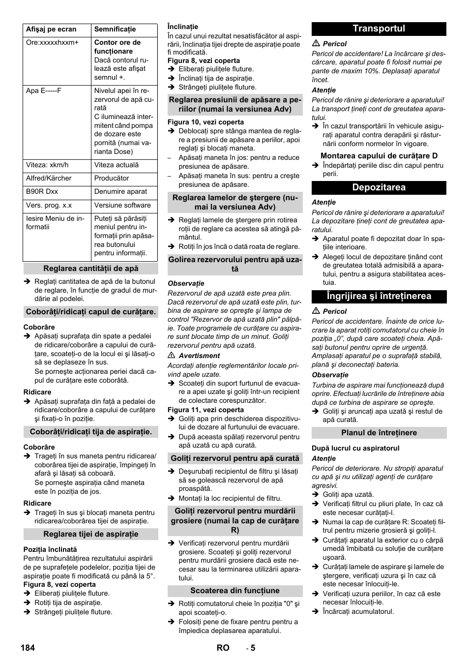Transportul, Depozitarea îngrijirea şi întreţinerea | Karcher B 90 R Adv DOSE Bp Pack User Manual | Page 184 / 272