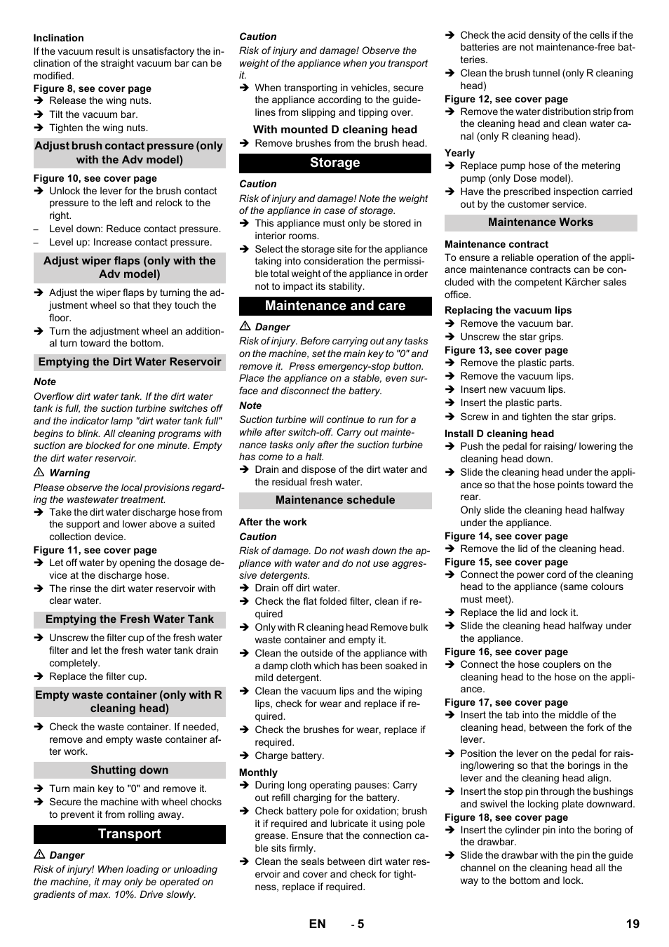 Transport, Storage maintenance and care | Karcher B 90 R Adv DOSE Bp Pack User Manual | Page 19 / 272