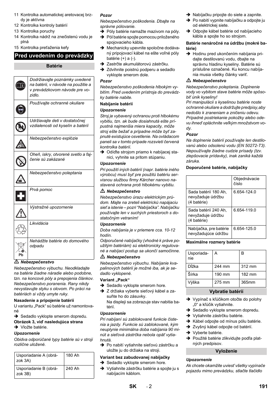 Pred uvedením do prevádzky | Karcher B 90 R Adv DOSE Bp Pack User Manual | Page 191 / 272