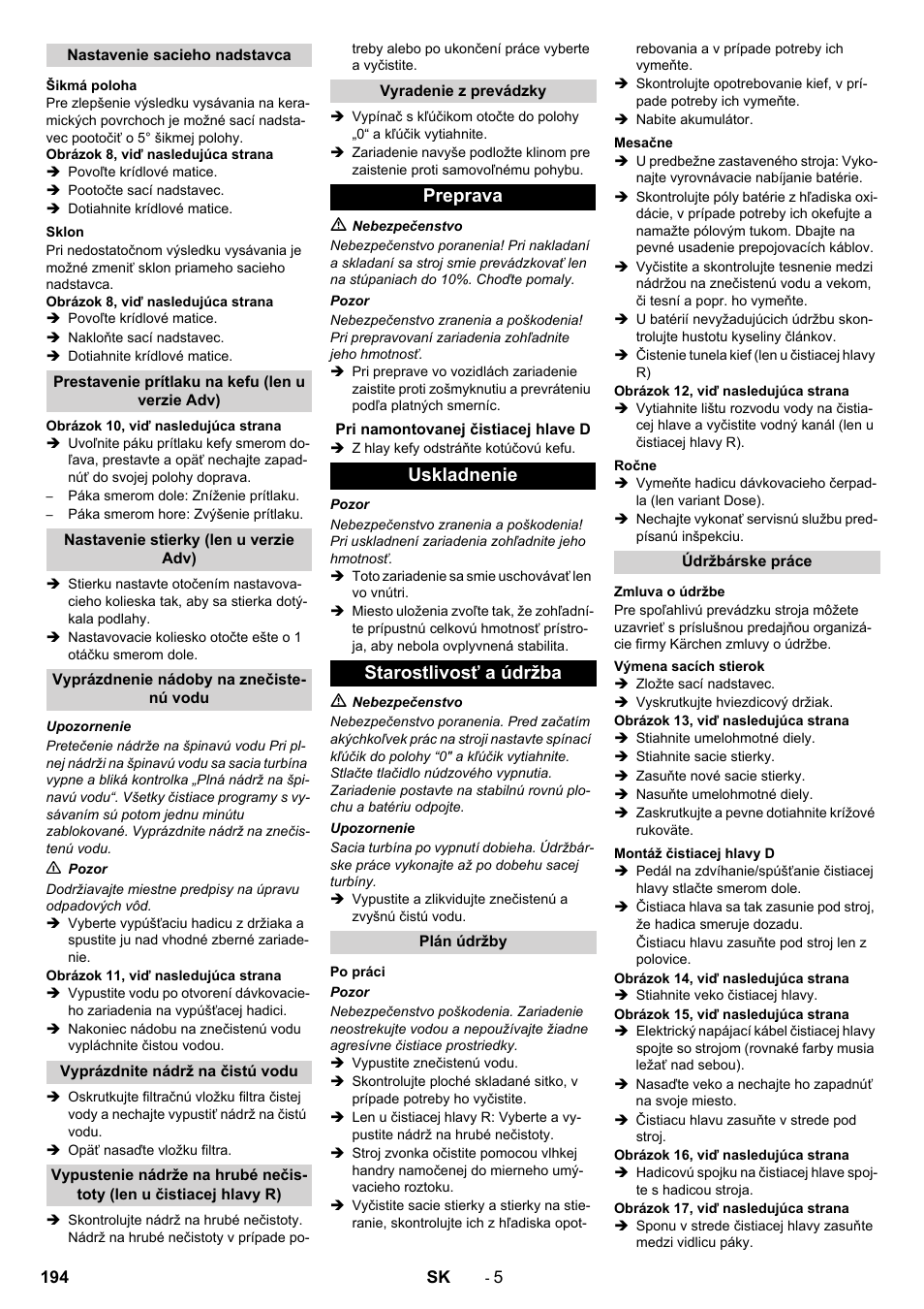 Preprava, Uskladnenie starostlivosť a údržba | Karcher B 90 R Adv DOSE Bp Pack User Manual | Page 194 / 272
