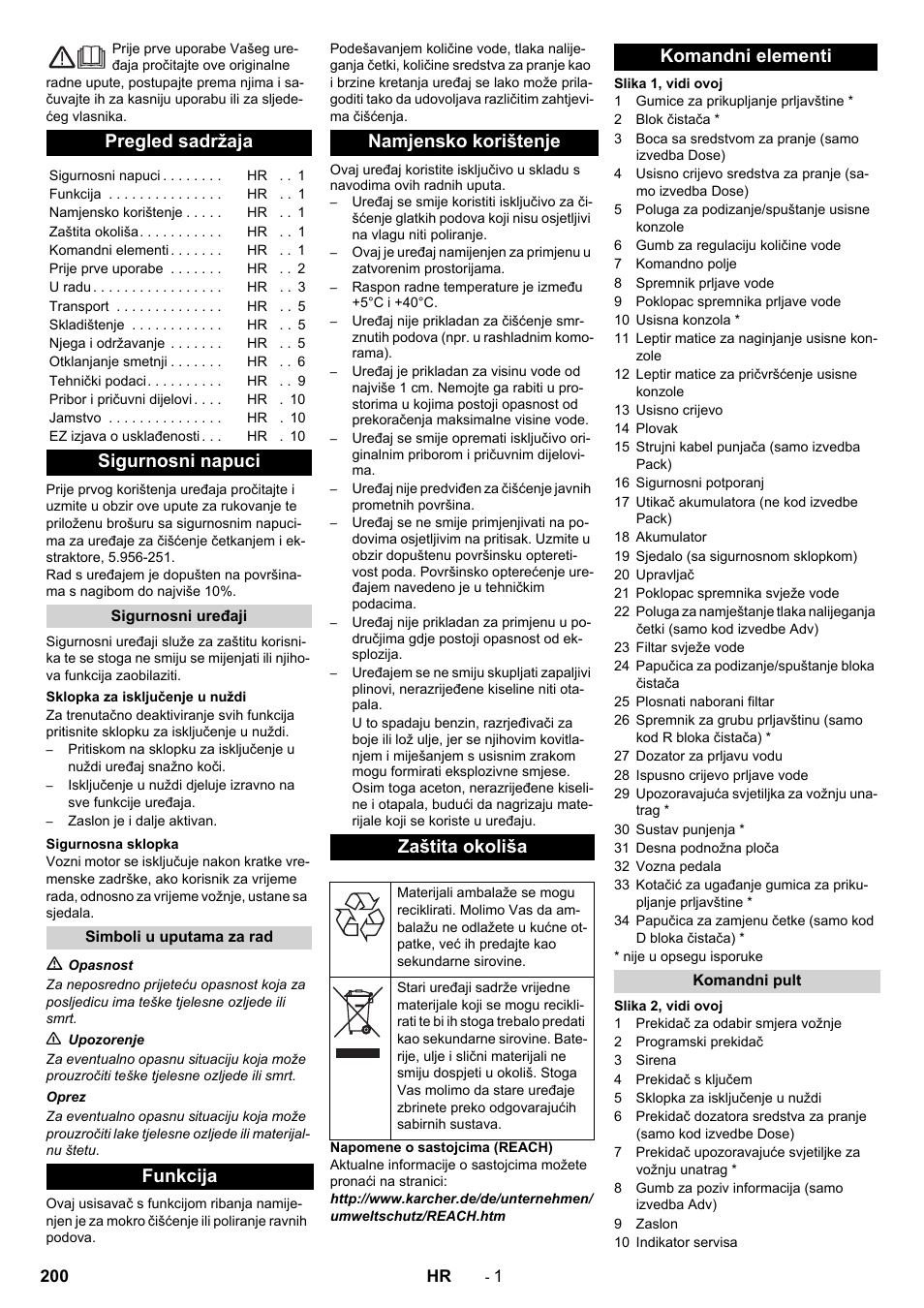 Hrvatski, Pregled sadržaja, Sigurnosni napuci | Funkcija namjensko korištenje zaštita okoliša, Komandni elementi | Karcher B 90 R Adv DOSE Bp Pack User Manual | Page 200 / 272