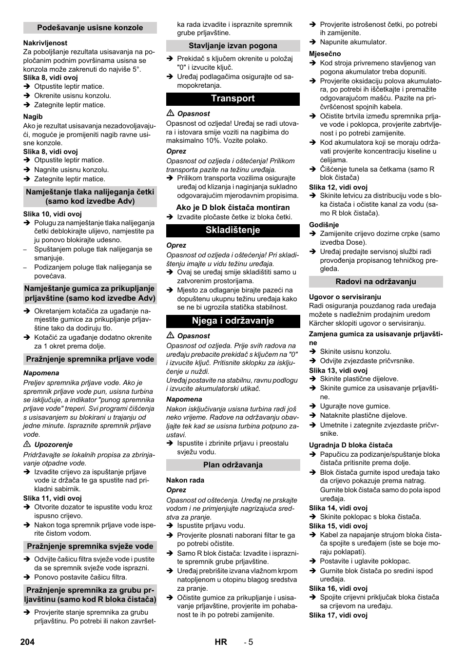 Transport, Skladištenje njega i održavanje | Karcher B 90 R Adv DOSE Bp Pack User Manual | Page 204 / 272