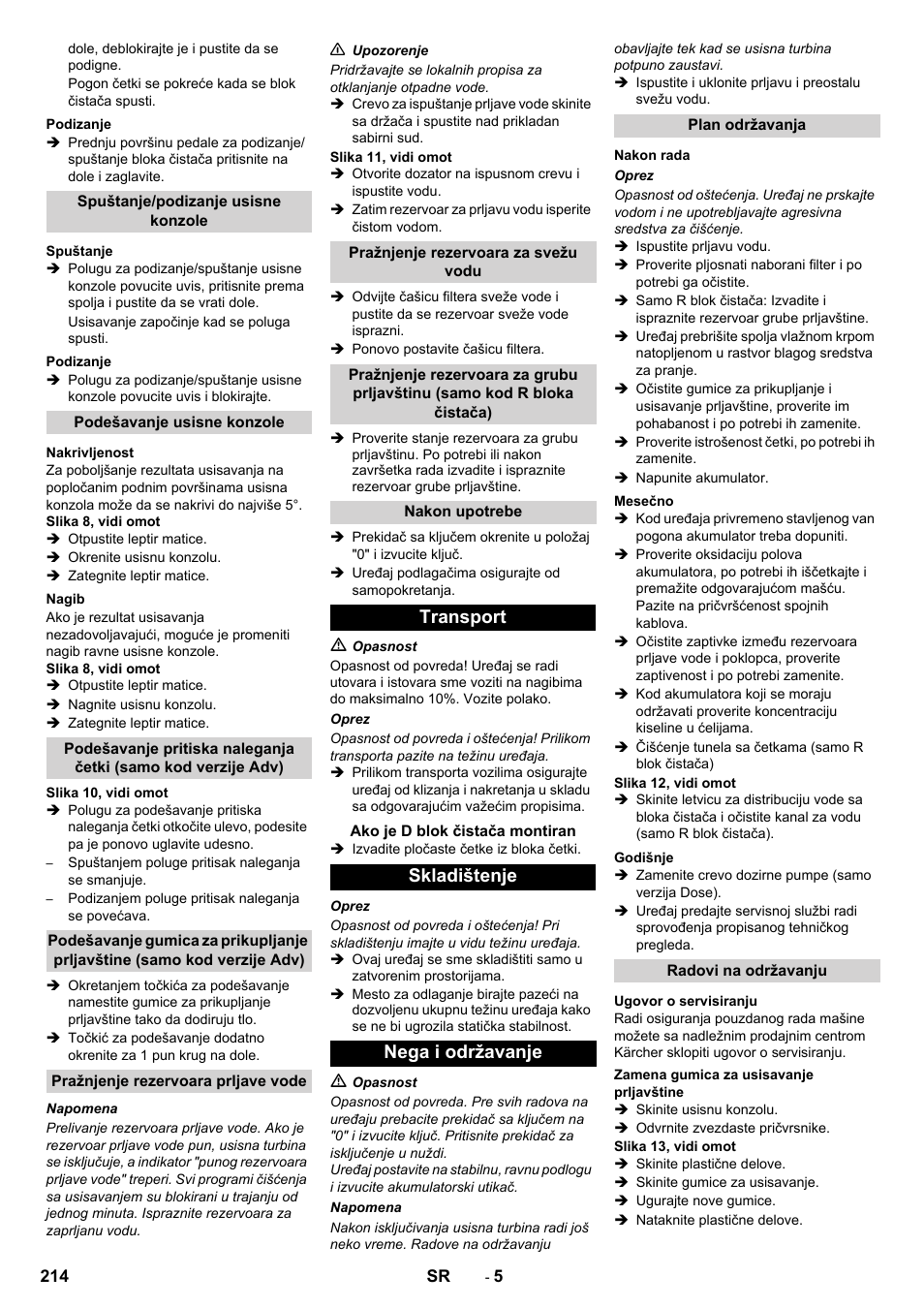 Transport, Skladištenje nega i održavanje | Karcher B 90 R Adv DOSE Bp Pack User Manual | Page 214 / 272