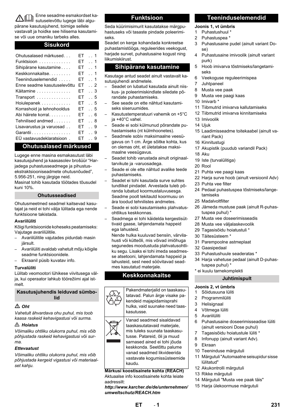 Eesti, Sisukord, Ohutusalased märkused | Funktsioon sihipärane kasutamine keskkonnakaitse, Teeninduselemendid | Karcher B 90 R Adv DOSE Bp Pack User Manual | Page 231 / 272