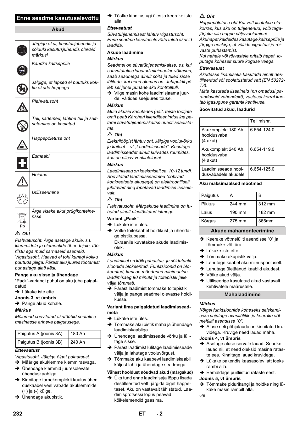 Enne seadme kasutuselevõttu | Karcher B 90 R Adv DOSE Bp Pack User Manual | Page 232 / 272
