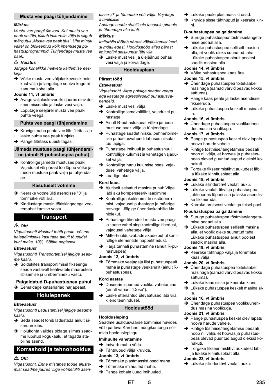 Transport, Hoiulepanek korrashoid ja tehnohooldus | Karcher B 90 R Adv DOSE Bp Pack User Manual | Page 235 / 272