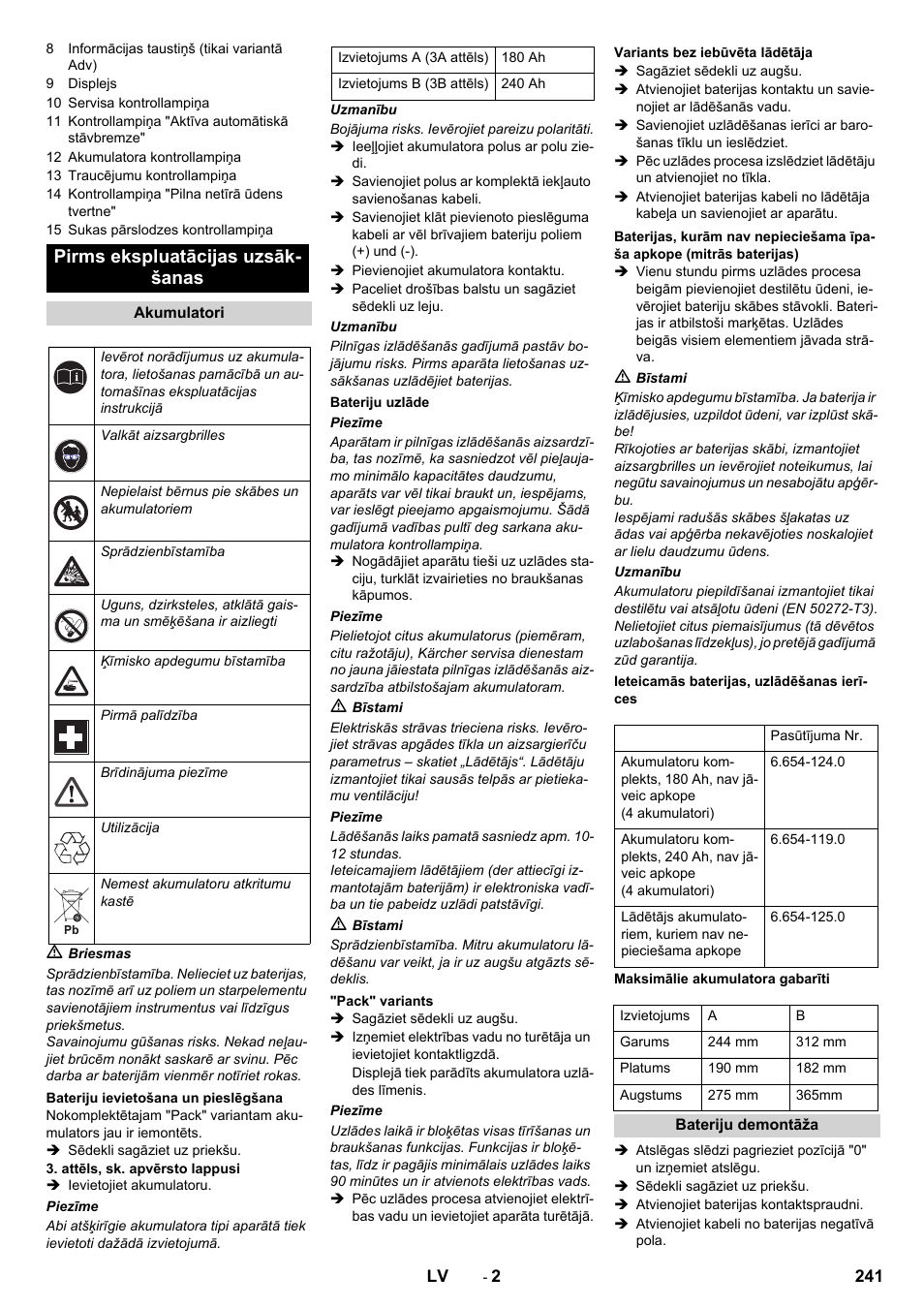 Pirms ekspluatācijas uzsāk- šanas | Karcher B 90 R Adv DOSE Bp Pack User Manual | Page 241 / 272