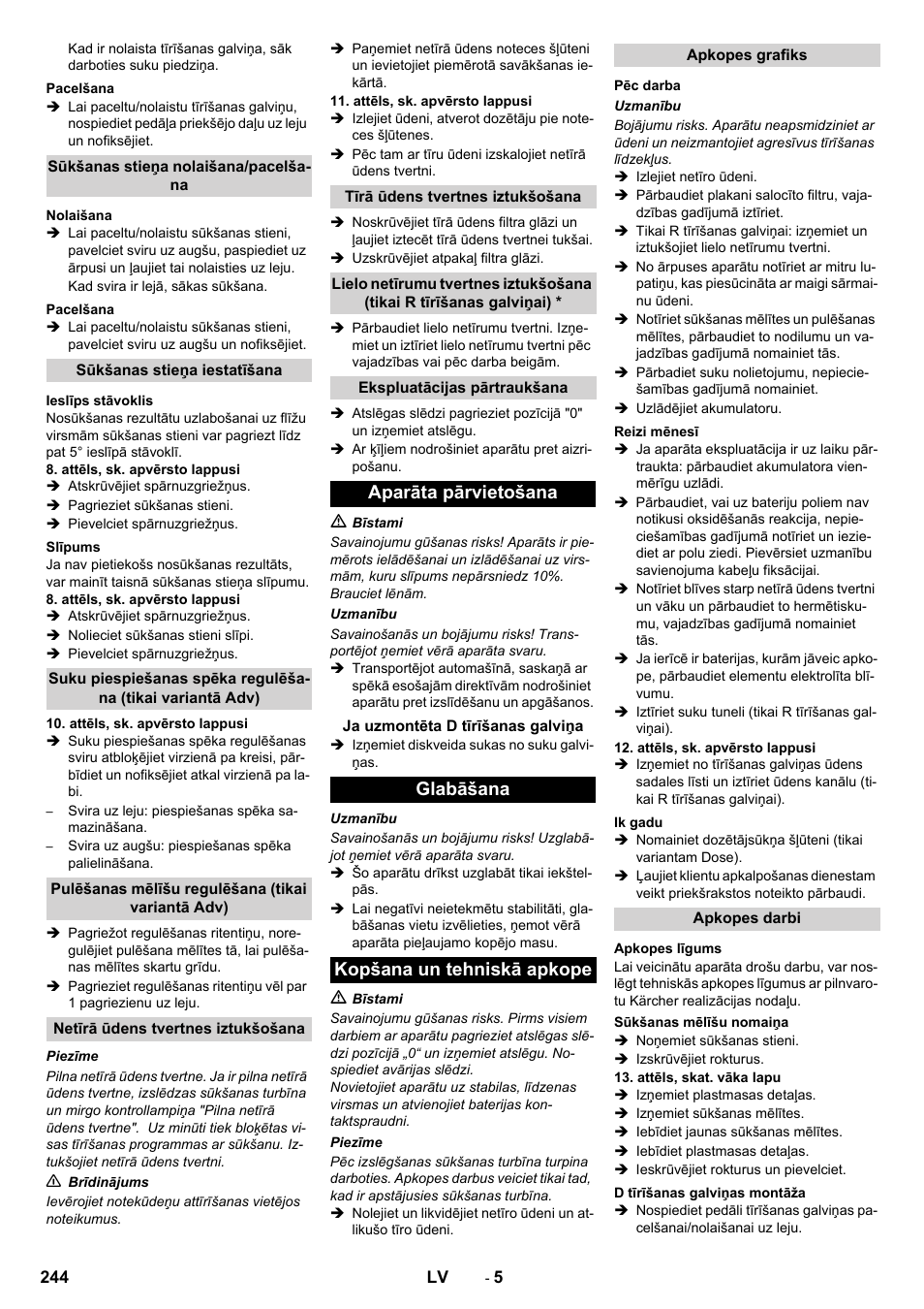 Aparāta pārvietošana, Glabāšana kopšana un tehniskā apkope | Karcher B 90 R Adv DOSE Bp Pack User Manual | Page 244 / 272