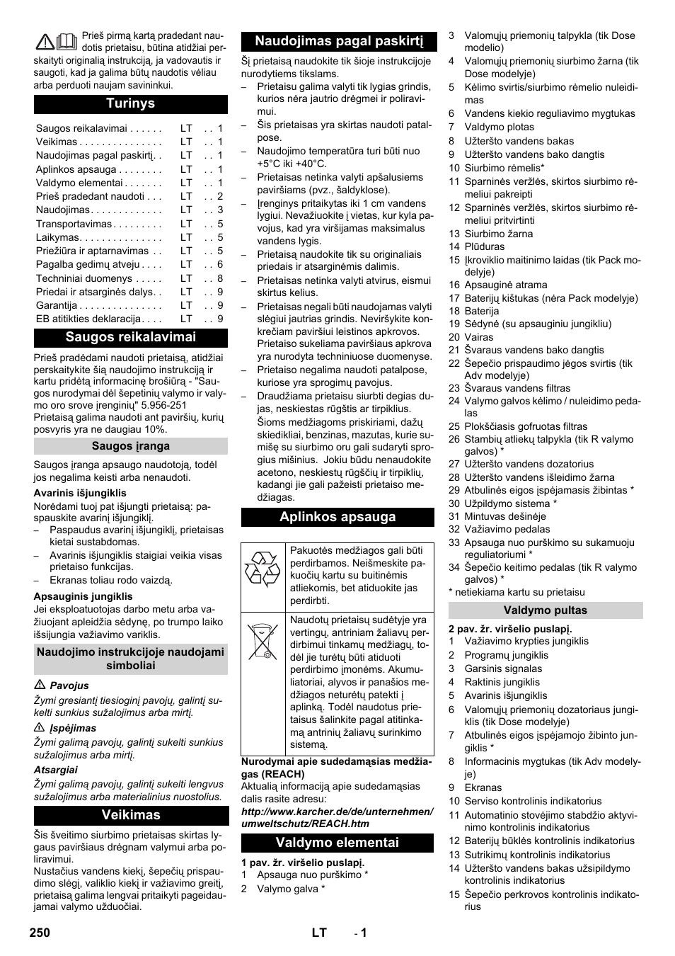 Lietuviškai, Turinys, Saugos reikalavimai | Valdymo elementai | Karcher B 90 R Adv DOSE Bp Pack User Manual | Page 250 / 272