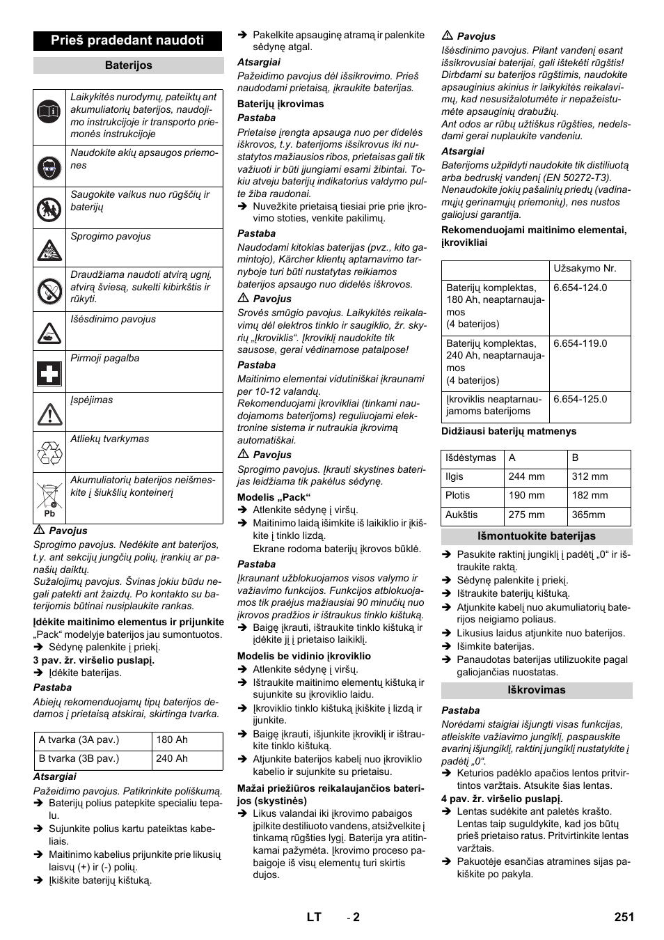 Prieš pradedant naudoti | Karcher B 90 R Adv DOSE Bp Pack User Manual | Page 251 / 272