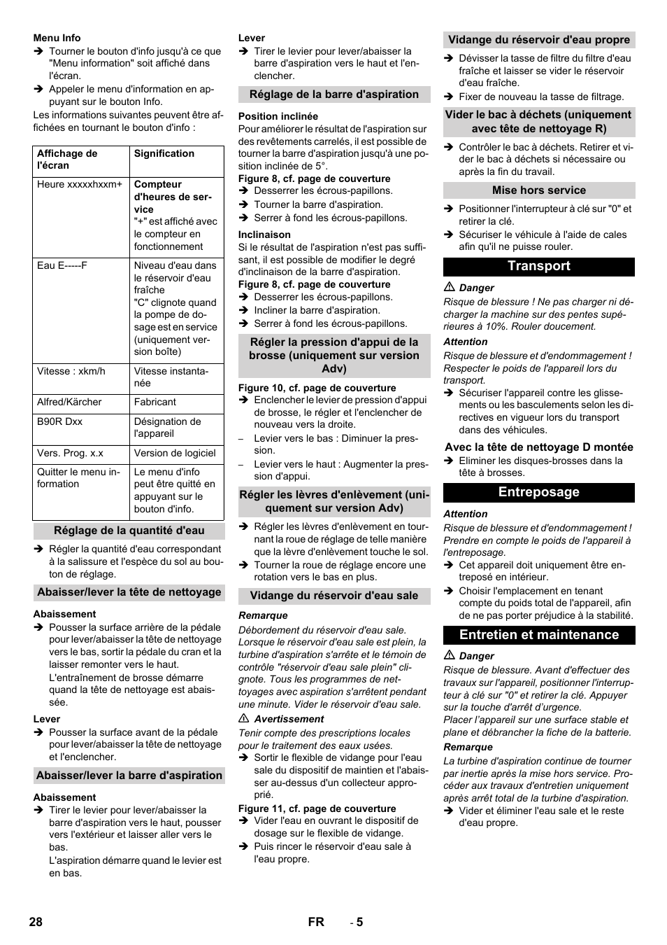 Transport, Entreposage entretien et maintenance | Karcher B 90 R Adv DOSE Bp Pack User Manual | Page 28 / 272