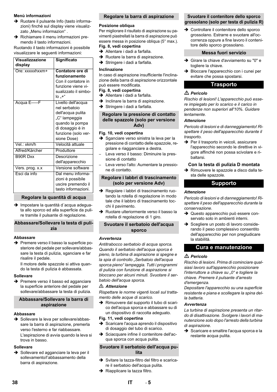 Trasporto, Supporto cura e manutenzione | Karcher B 90 R Adv DOSE Bp Pack User Manual | Page 38 / 272