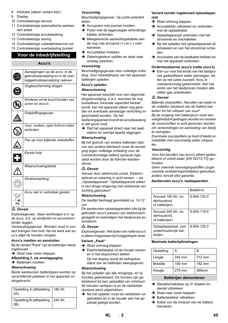 Voor de inbedrijfstelling | Karcher B 90 R Adv DOSE Bp Pack User Manual | Page 45 / 272