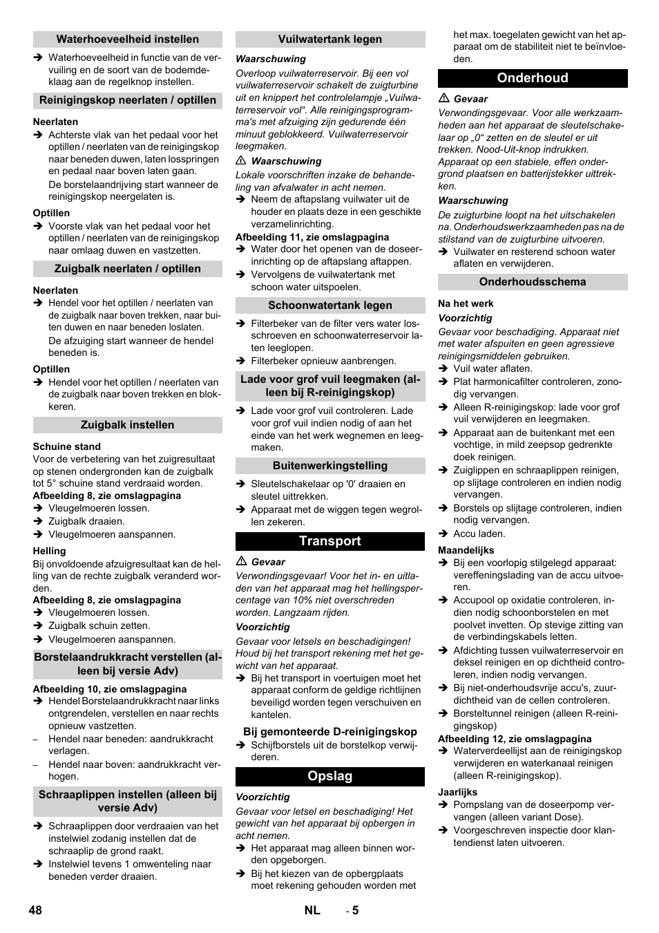 Transport, Opslag onderhoud | Karcher B 90 R Adv DOSE Bp Pack User Manual | Page 48 / 272