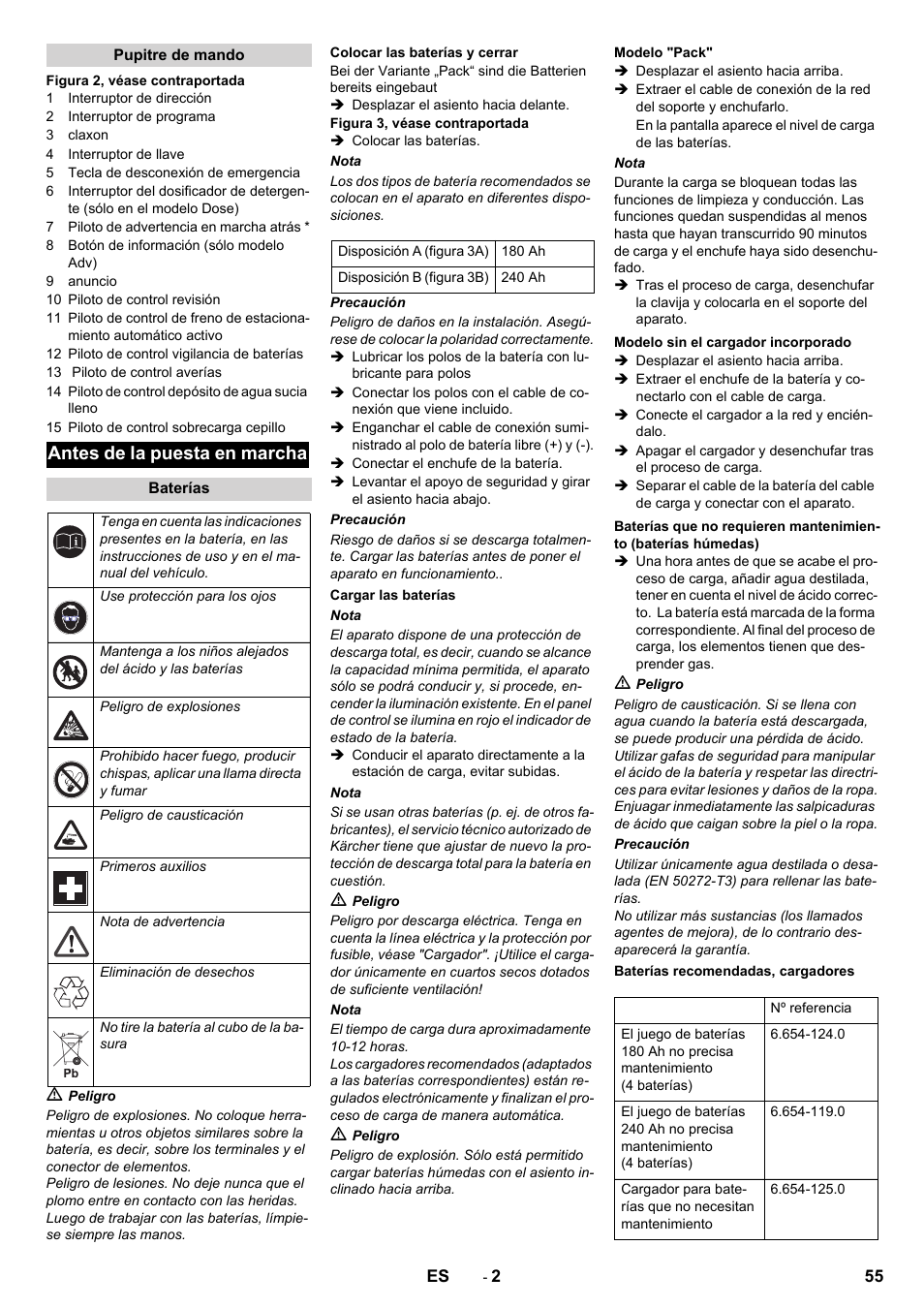 Antes de la puesta en marcha | Karcher B 90 R Adv DOSE Bp Pack User Manual | Page 55 / 272