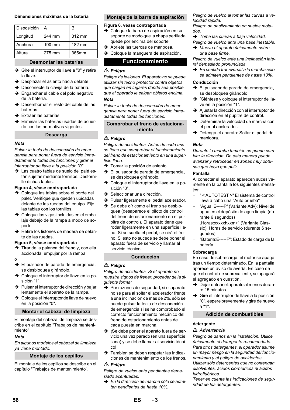 Funcionamiento | Karcher B 90 R Adv DOSE Bp Pack User Manual | Page 56 / 272
