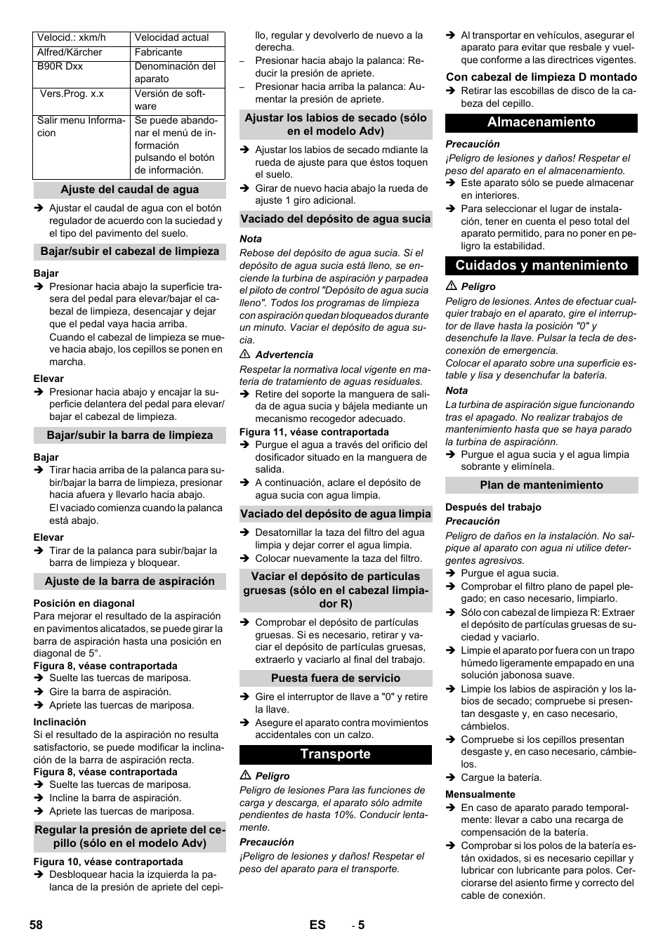 Transporte, Almacenamiento cuidados y mantenimiento | Karcher B 90 R Adv DOSE Bp Pack User Manual | Page 58 / 272