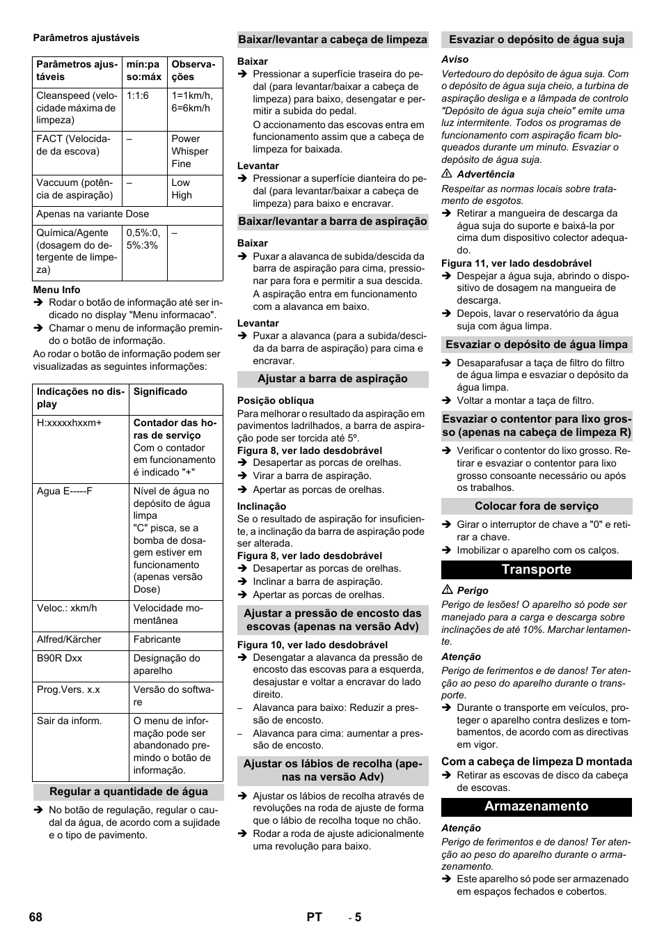 Transporte, Armazenamento | Karcher B 90 R Adv DOSE Bp Pack User Manual | Page 68 / 272