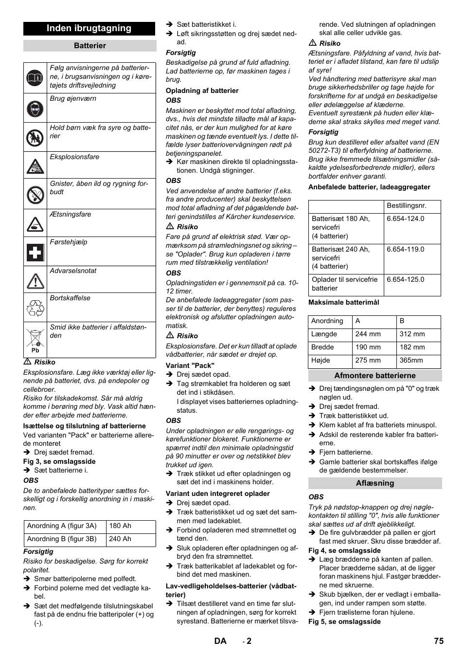 Inden ibrugtagning | Karcher B 90 R Adv DOSE Bp Pack User Manual | Page 75 / 272