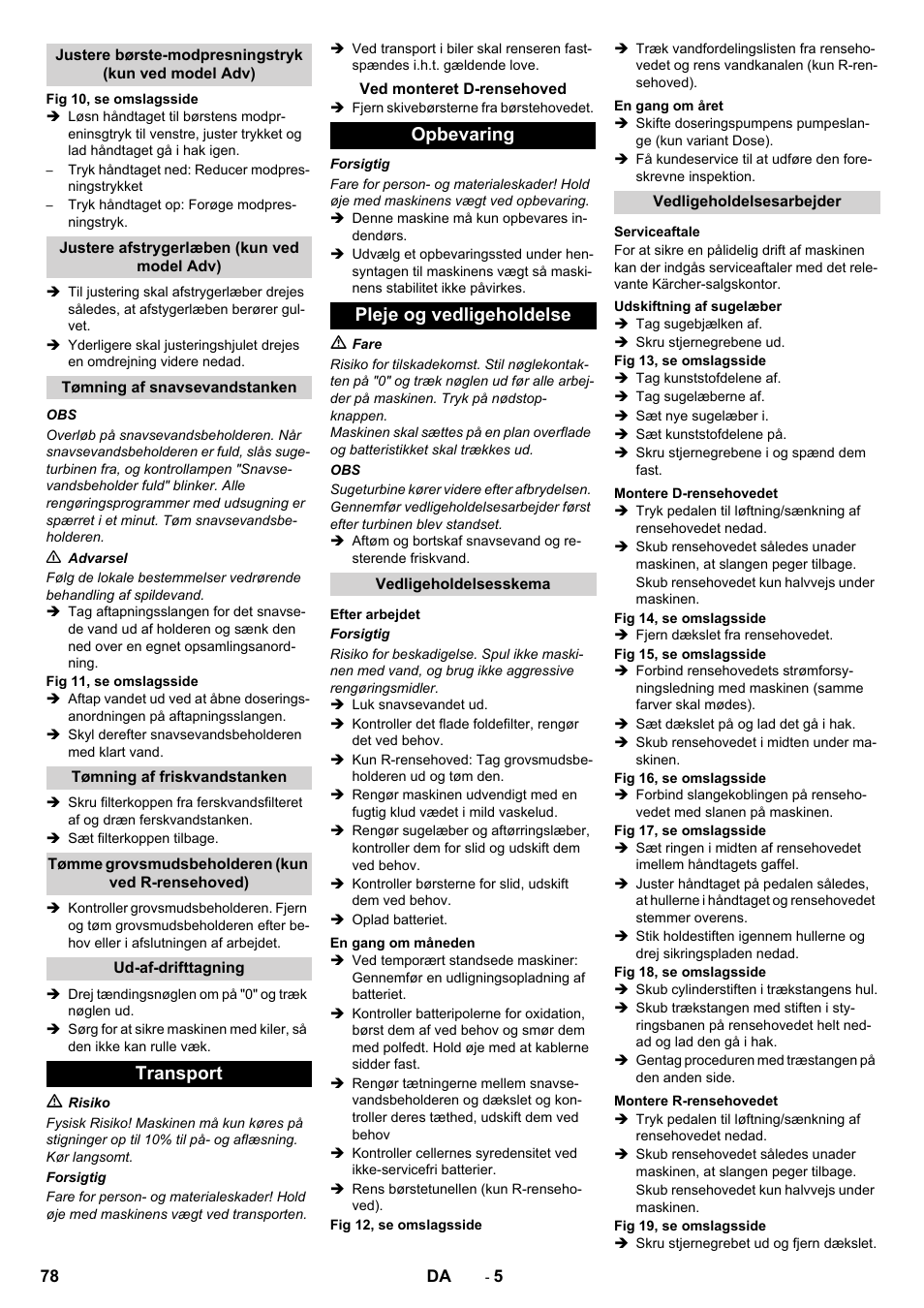 Transport, Opbevaring pleje og vedligeholdelse | Karcher B 90 R Adv DOSE Bp Pack User Manual | Page 78 / 272